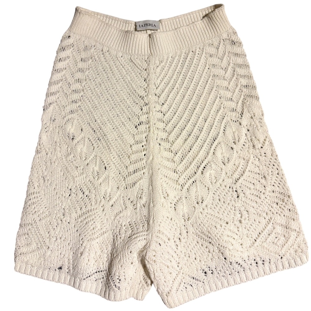 La Perla | Cream Viscose Blend Lace Chevron Pointelle Knit Shorts | Medium